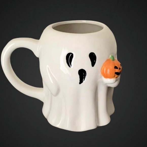 NEW RARE Halloween Ghost Mug holding a Jack O Lantern Mug 16 OZ Ceramic - Picture 2 of 6